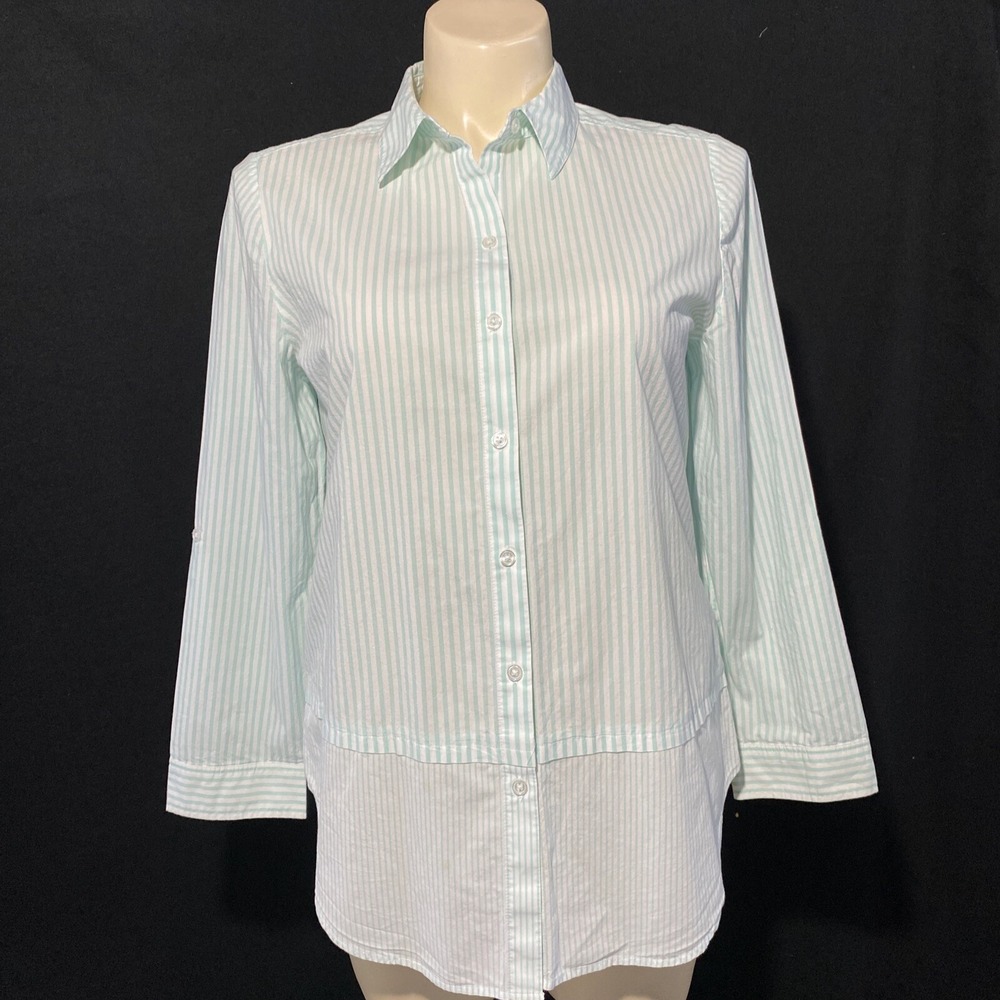 Chicos Shirt 2 US L White Aqua Green Stripe Button Long Sl Washable Beach Casual
